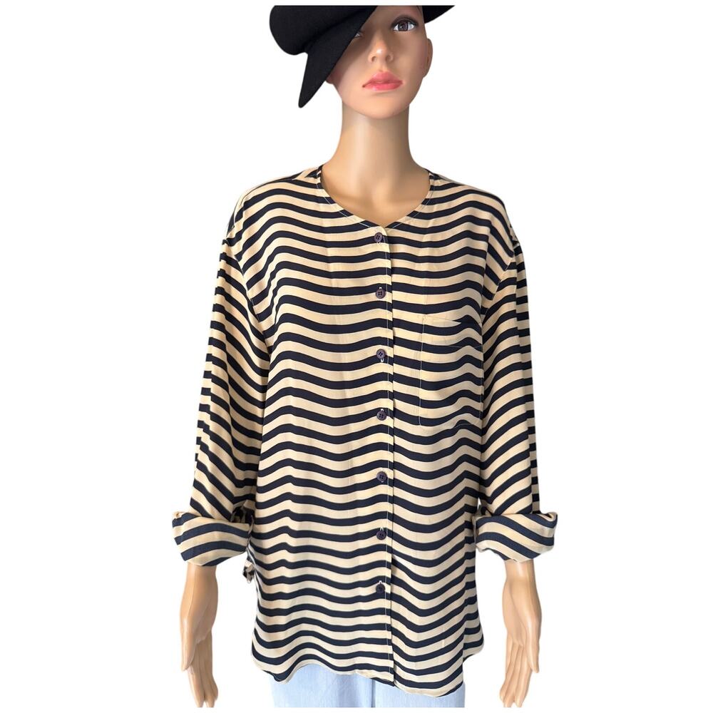 Anne Klein II Silk Button Up Blouse in Navy/Beige Stripe, Size 10